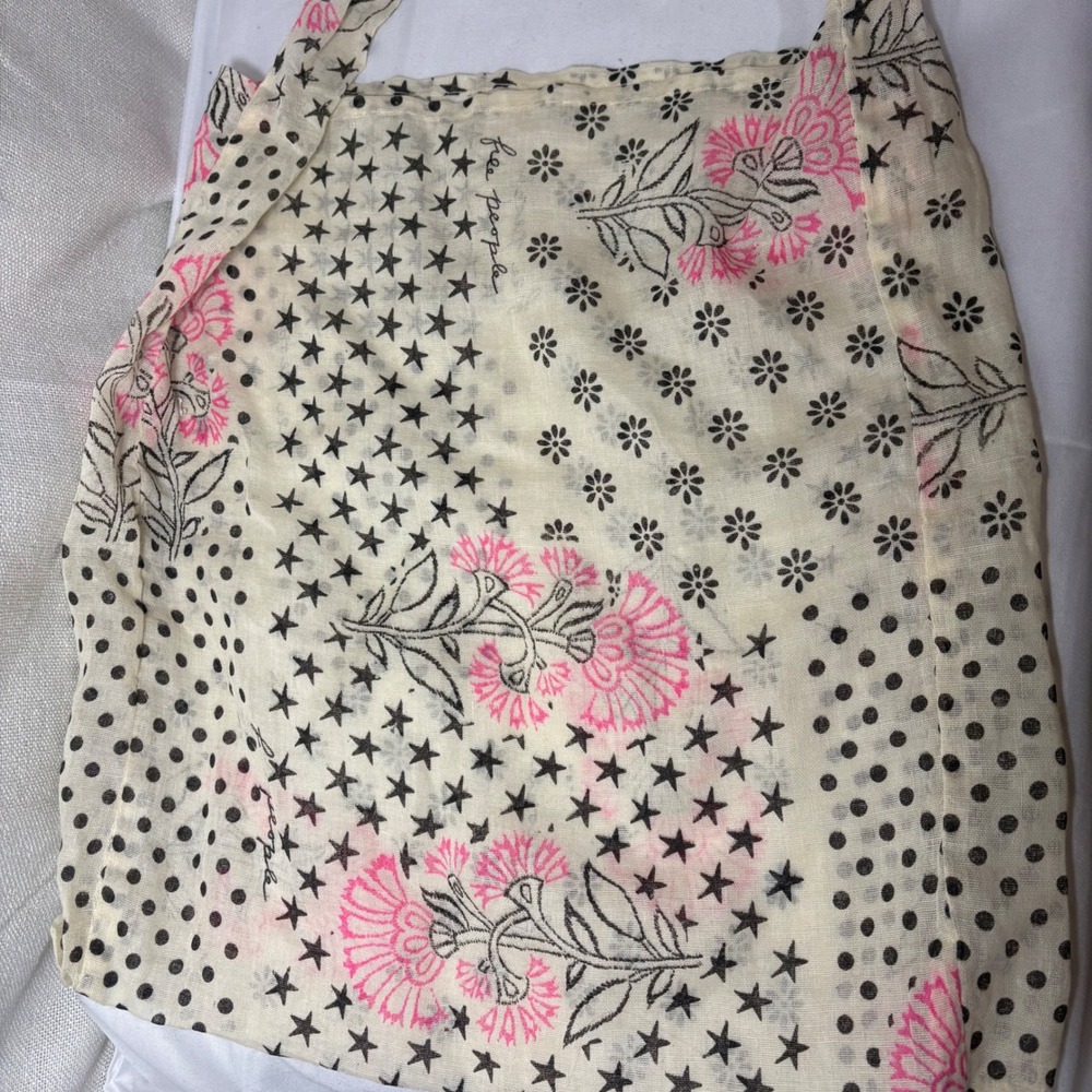 Free People Floral Star Polka Dot Reusable Cotton Tote Bag Cream Pink Black - Picture 5 of 6